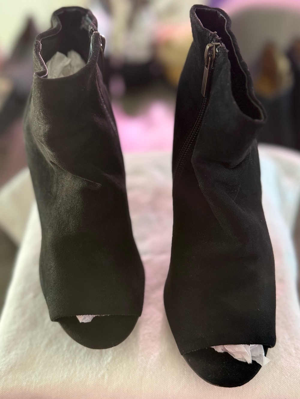 Bamboo•Black Faux Suede•Peep•Toe Ankle Boot•Size 9• 4”Block Heel